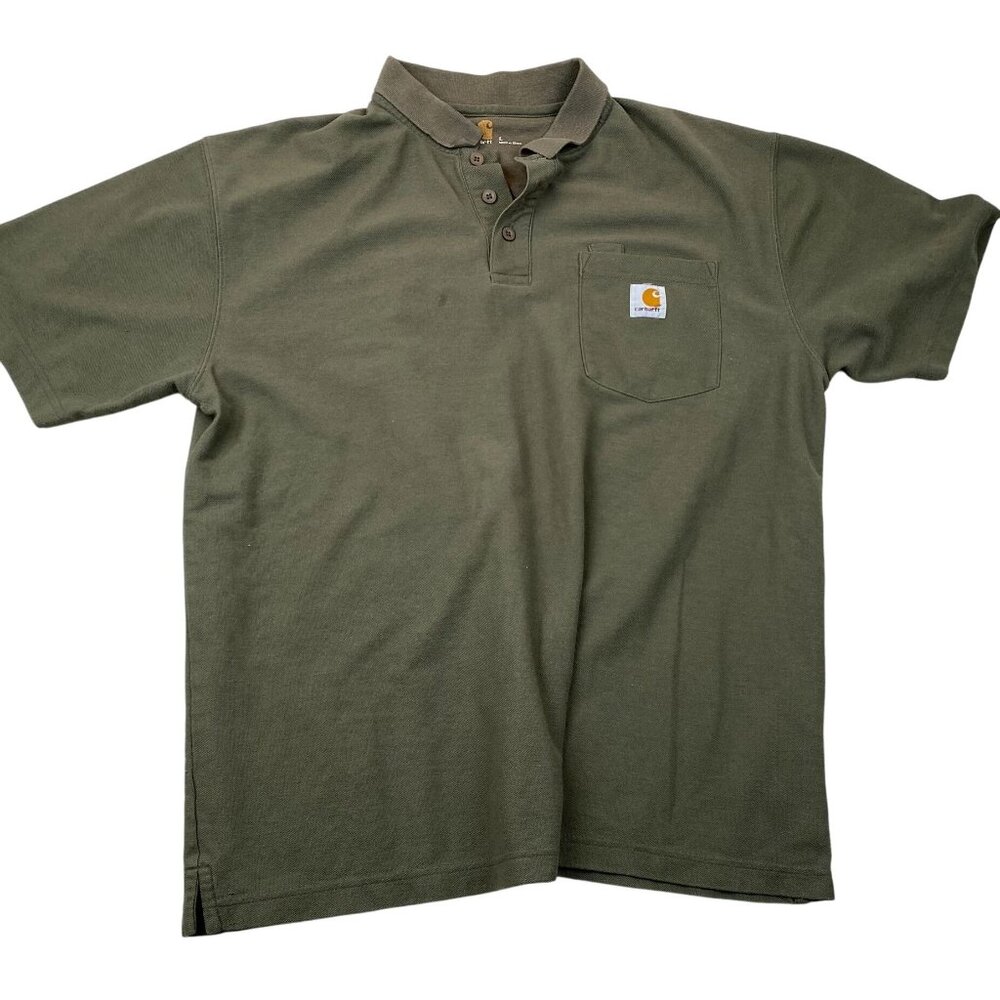 Carhartt Mens Polo Shirt L Dark Green 100% Cotton Casual Wear With Chest Pocket